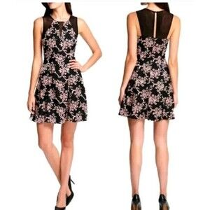 Guess Women's Printed Floral  Illusion-Trim Dress Black Pink Size 8